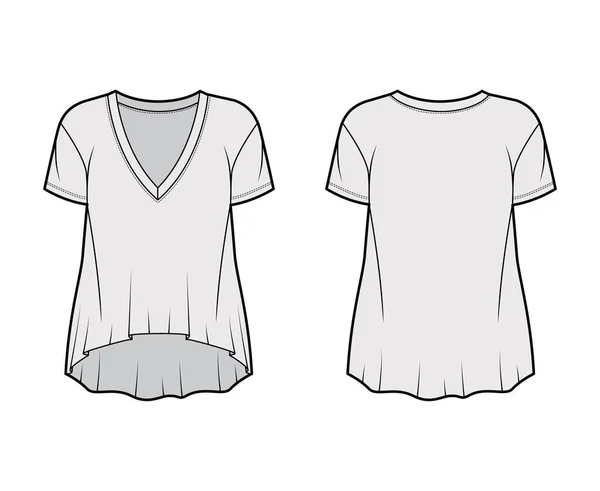 Boyfriend cotton-jersey T-shirt technical fashion illustration with plunging V-neckline, short sleeves, high-low hem — Stock Vector