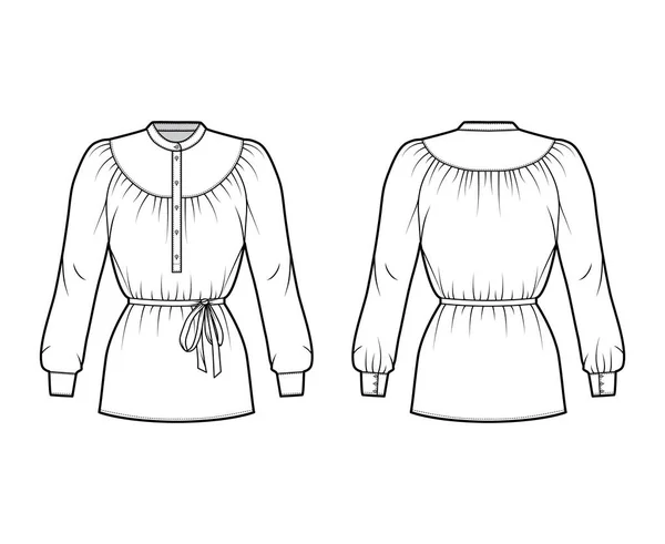 Blusa reunida con cinturón ilustración técnica de moda con mangas largas, cuello de mandarina curvado, camisa de forma relajada — Vector de stock