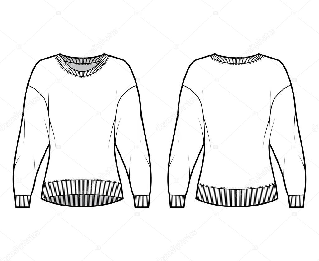 Cotton-terry sweatshirt technical fashion illustration with relaxed fit, crew neckline, long sleeves. Flat jumper 