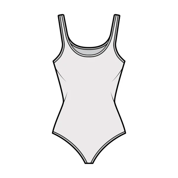 Cotton-jersey tank bodysuit technische mode illustratie met gemonteerde gebreide body, mouwloos. Platte schoeisel — Stockvector