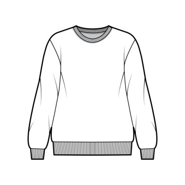 Pamuk Terry büyük beden sweatshirt, rahat formalı, yakalı, uzun kollu, teknik moda illüstrasyonu. 
