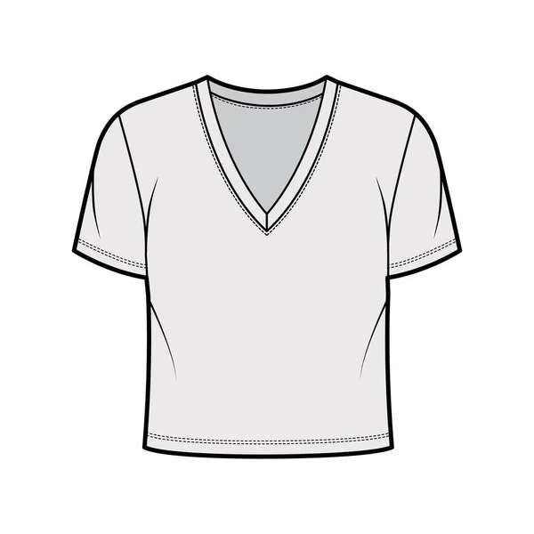 Camiseta de algodón recortada ilustración técnica de moda con cuello en V profundo, mangas cortas, longitud de cintura. Ropa de baño plana — Vector de stock