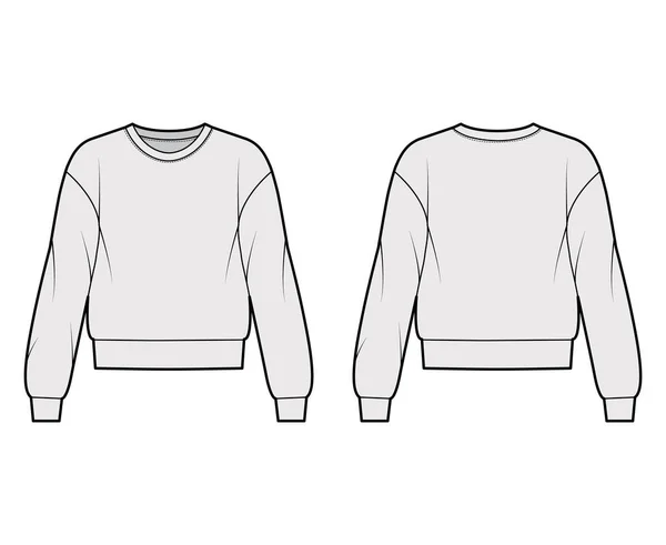 Sudadera de algodón terry ilustración técnica de moda con ajuste relajado, escote redondo, mangas largas. Jersey plano — Archivo Imágenes Vectoriales