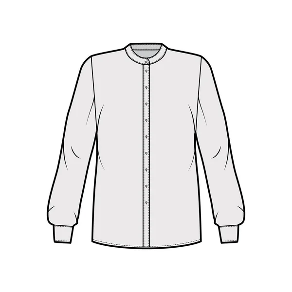 Сорочка технічна модна ілюстрація з округлим мандариновим коміром, довгими рукавами з манжетою, негабаритними, заднім круглим ярмом — стоковий вектор