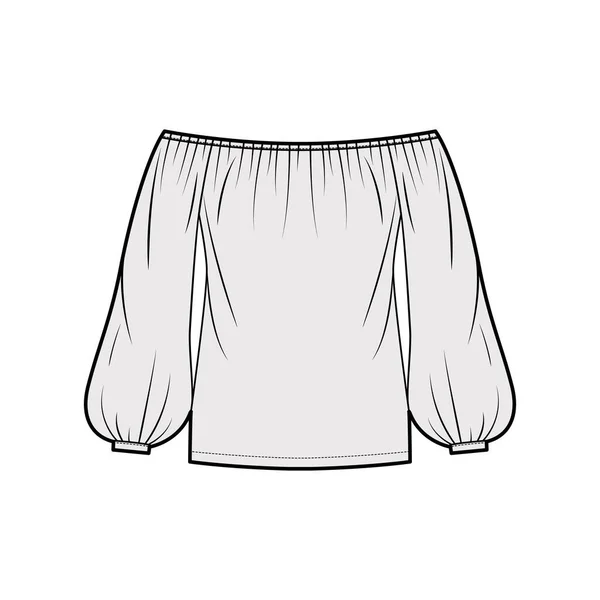 Ilustración técnica de moda de blusa sin hombro con mangas largas onduladas, escote elástico, sobredimensionado — Vector de stock