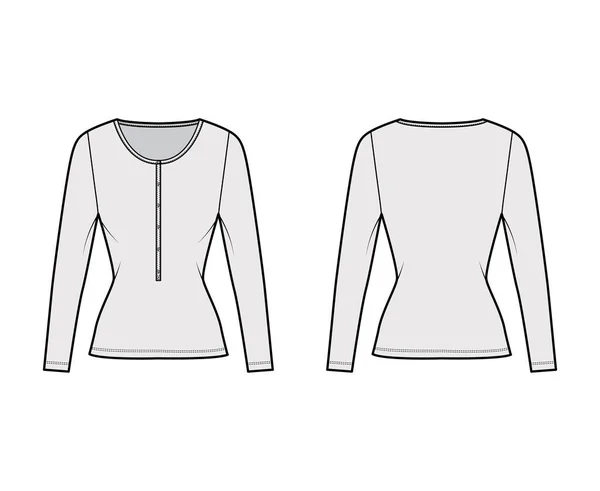 Cotton-jersey top ilustração de moda técnica com mangas compridas, ajuste fino, decote henley colher. Vestuário de base plano — Vetor de Stock