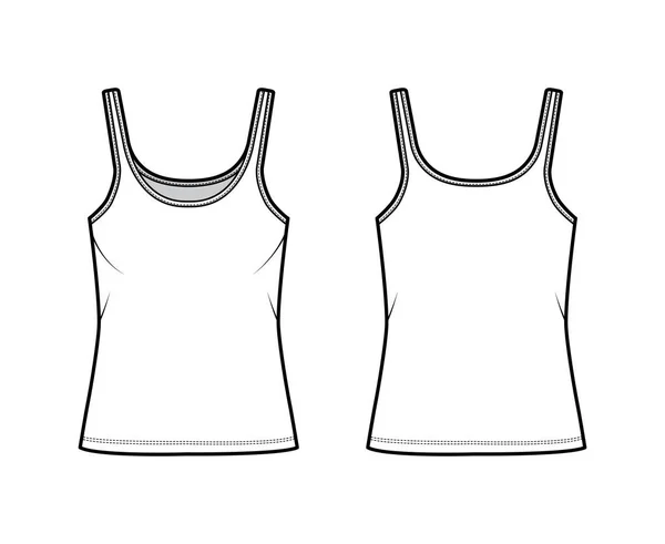 Algodón jersey tanque técnica ilustración de moda con cuello redondo, ajuste relajado, longitud de la túnica. Camiseta de outwear plana — Vector de stock
