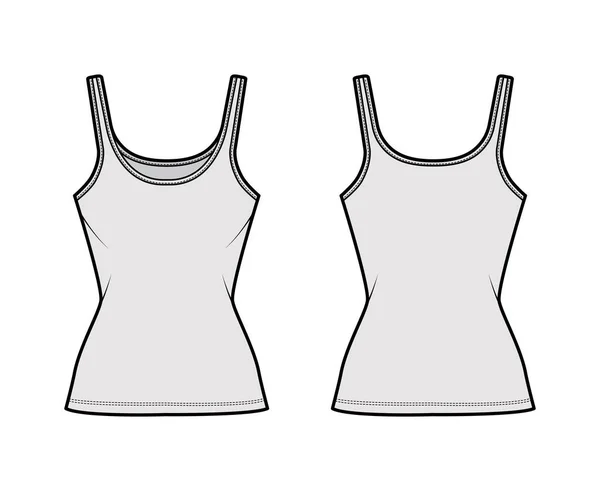 Débardeur en jersey de coton illustration de mode technique avec col rond, coupe étroite, longueur tunique. Tenues plates camisole basique — Image vectorielle