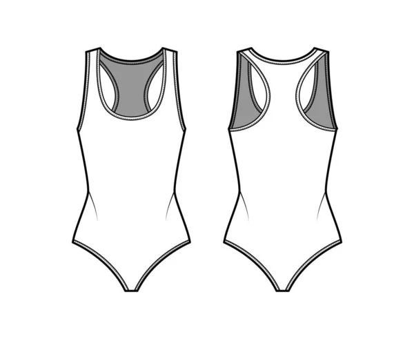 Tanga-Body aus Baumwolljersey mit technischer Mode-Illustration mit Racer-Rücken, tiefem U-Ausschnitt. Einteilige flache Outfits — Stockvektor