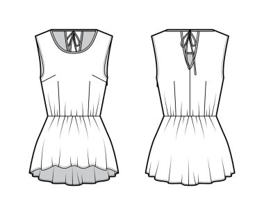 Peplum Lisesi 'nin düşük etekli üst moda tasviri. Sırt bağları yuvarlak, kolsuz, vücuduna uyumlu..