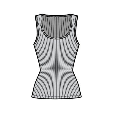 Tırtıklı pamuk-forma tankı teknik moda illüstrasyonu geniş kepçe yaka, sıkı örgü, tunik uzunluğunda gecelik
