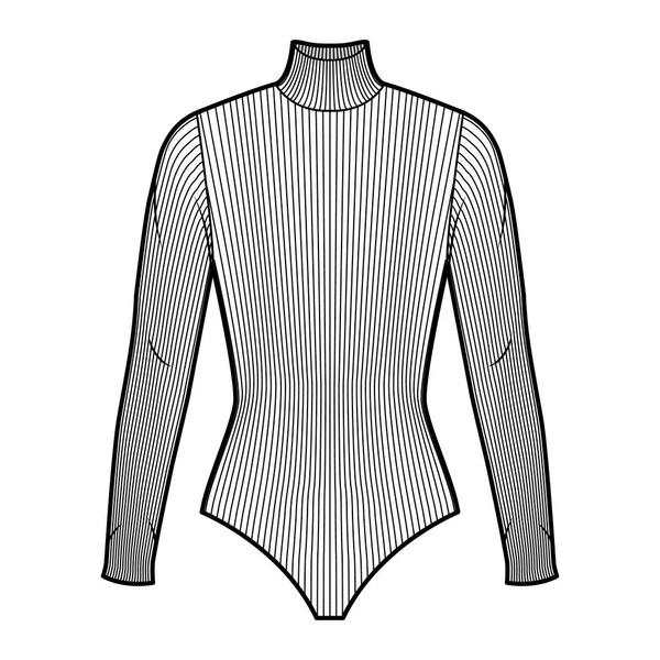 Traje acanalado de algodón y jersey con cuello alto ilustración técnica de moda con cuerpo de punto ajustado Ropa básica de outwear plano — Vector de stock
