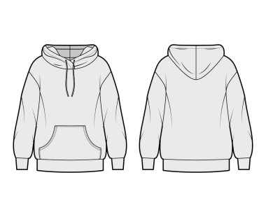 Büyük boy pamuklu kapüşonlu, cebi açık, rahat, uzun kollu teknik moda illüstrasyonu. Düz atlayıcı