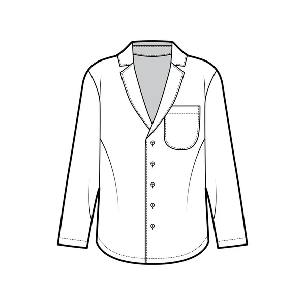 Hemd technische Mode Illustration mit spitzen Kerbkragen, vordere Knopfverschlüsse, abgerundete Tasche, lange Ärmel. — Stockvektor