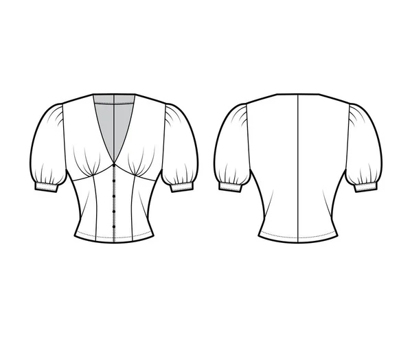 중간 퍼프 소매와 함께 블라우스 기술 패션 삽화 , V- 목걸이, 얇은 맞고, 전면 버튼잠금. — 스톡 벡터