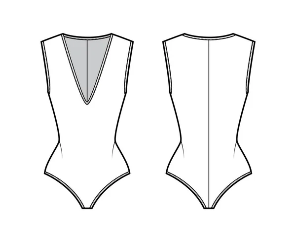 Stretch-jersey bodysuit técnica moda ilustração com mergulho decote em V, esculpindo ajuste, fecho de correr de volta . —  Vetores de Stock