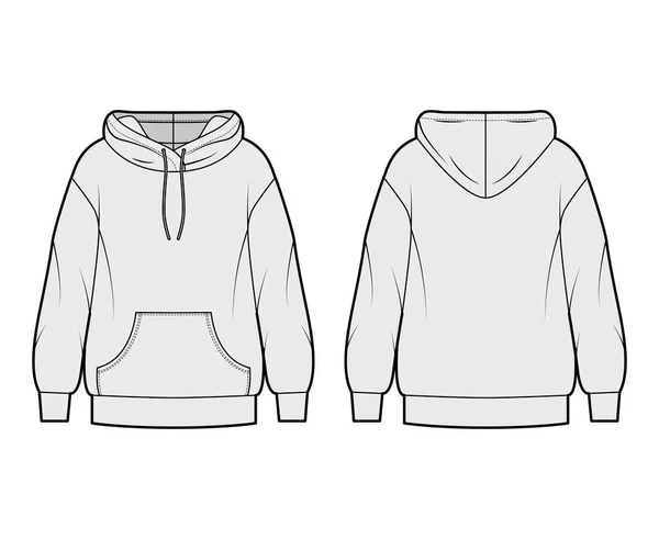 Überdimensionaler Baumwolle-Fleece-Kapuzenpullover mit technischer Mode-Illustration mit Tasche, entspannter Passform, langen Ärmeln. Flachspringer — Stockvektor