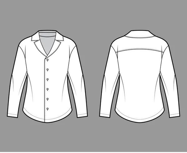 Shirt technische mode illustratie met ontspannen silhouet, retro kamp kraag, front knoop bevestigingen, lange mouwen — Stockvector