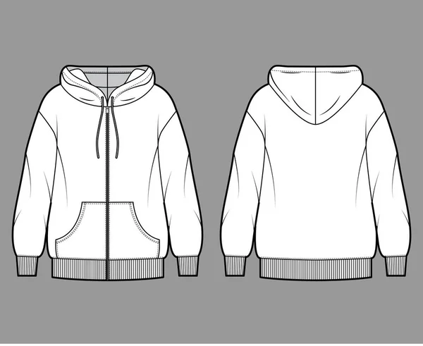 Überdimensionaler Kapuzenpullover mit Reißverschluss aus Baumwolle-Fleece, technische Modenabbildung mit Tasche, entspannte Passform, lange Ärmel. Flachspringer — Stockvektor