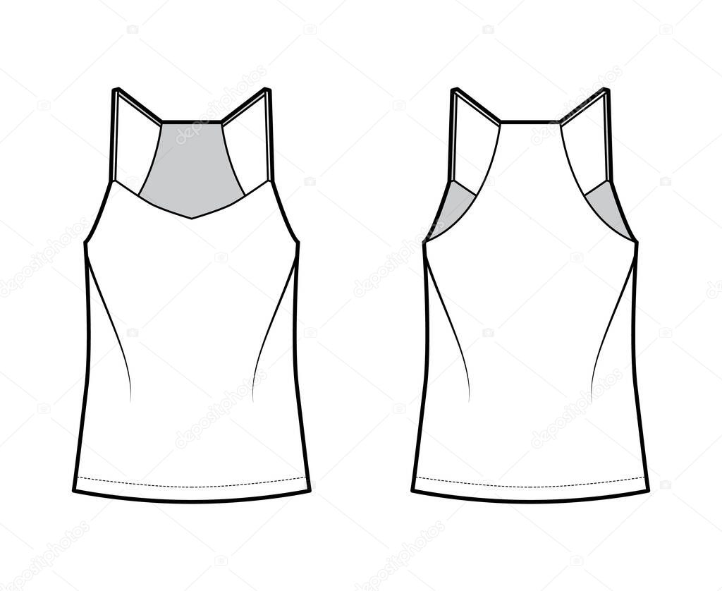 Racer-back camisole technical fashion illustration with V-neck, straps, relaxed fit, tunic length. Flat outwear tank