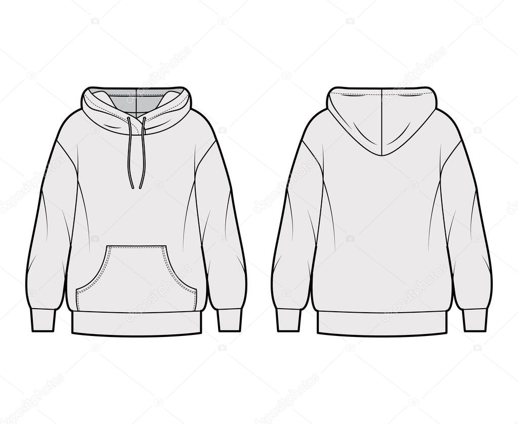 Oversized cotton-fleece hoodie technical fashion illustration with pocket, relaxed fit, long sleeves. Flat jumper