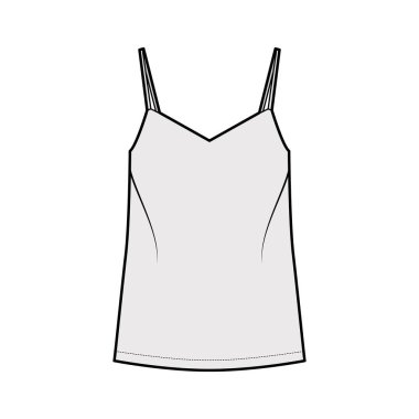 V yakalı, kayışlı, rahat formalı, tunik uzunluklu Camisole teknik tasviri. Düz giyim deposu