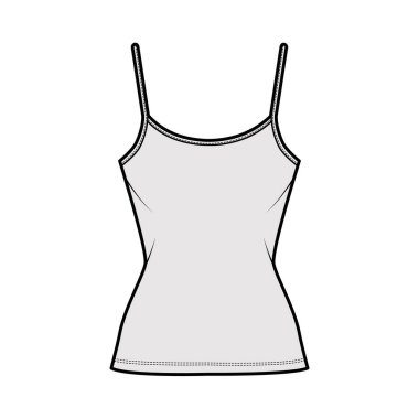 Pamuk-formalı gecelik, kepçe yakalı, vücut tuniği giydirilmiş teknik moda illüstrasyonu. Düz giyimli temel tank.