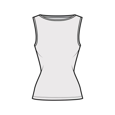 Pamuk-forma tankı teknik tasviri ince formalı, geniş yakalı, uzun etekli, kolsuz gömlekli.