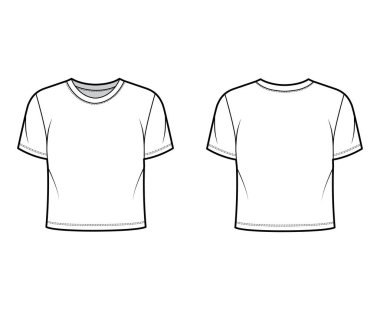 Gevşek formalı, yakalı ve kısa kollu pamuk-formalı teknik moda illüstrasyonları. Düz