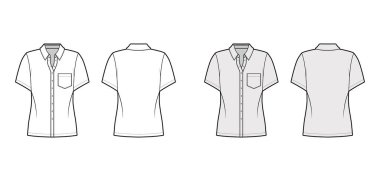 Açılı cepli, kısa kollu, rahat, düğmeli, normal yakalı gömlekler.
