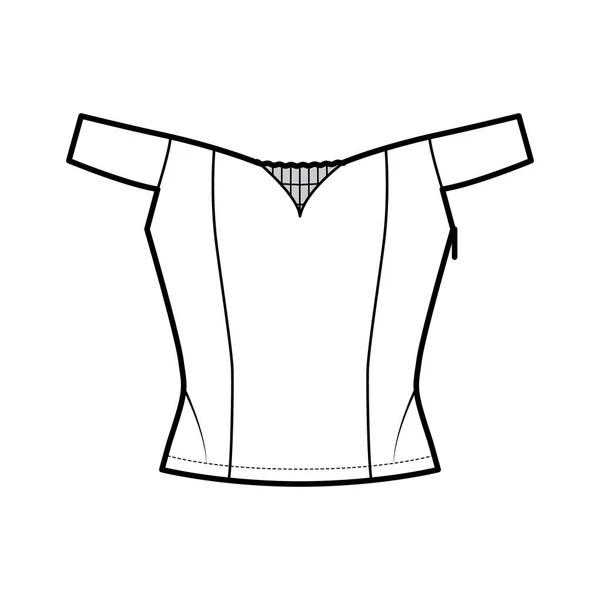 Illustration de mode technique hors épaule avec décolleté chéri, coupe étroite, inspiré du corset — Image vectorielle