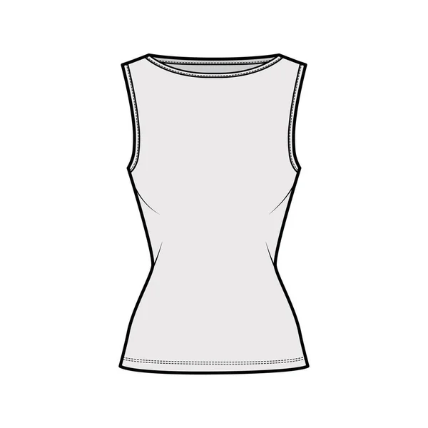 Ilustração de moda técnica de tanque de algodão-jersey com ajuste fino, decote de barco largo, bainha alongada, camisa sem mangas — Vetor de Stock