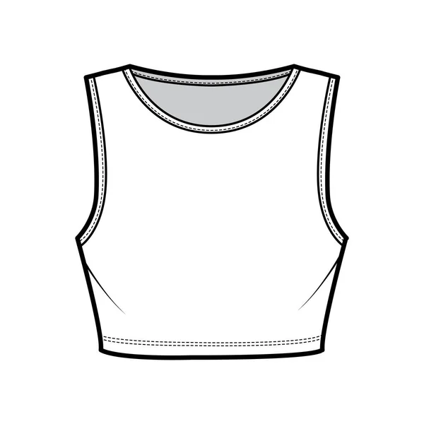 Bajo busto recorte superior ilustración técnica de moda con ajuste delgado, cuello redondo algodón-jersey tanque. Camiseta plana — Archivo Imágenes Vectoriales