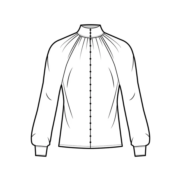 长袖、前钮扣紧固、宽松轮廓的高裁剪领衫工艺时尚图例 — 图库矢量图片