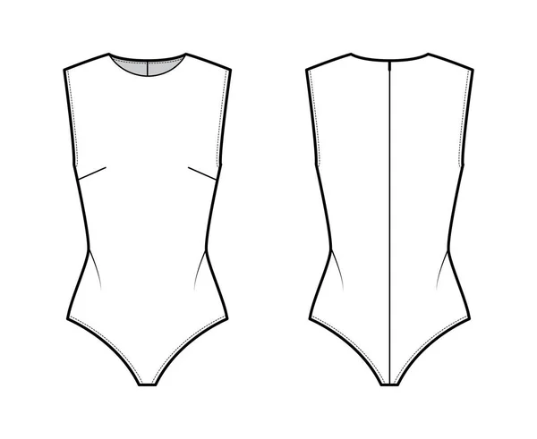 Ilustração de moda técnica sem mangas bodysuit com pescoço redondo, ajuste próximo, prendedores de pressão na base. Plana de uma peça — Vetor de Stock