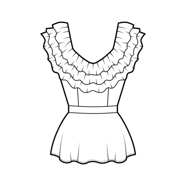 Peplum blusa técnica de moda ilustração com 3 camadas de babados ao longo do decote de diamante, volta zip fixação . —  Vetores de Stock