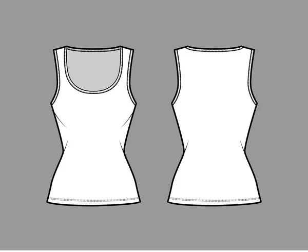Cotton-Jersey zbiornik ilustracji technicznej mody z smukłym dopasowaniem, szeroki dekolt gałki, bez rękawów. Płaska bielizna cami — Wektor stockowy
