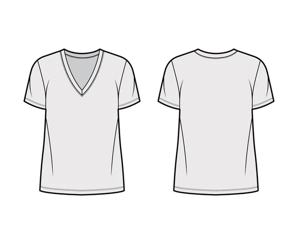 Camiseta de algodón-jersey ilustración técnica de moda con cuello en V profundo, mangas cortas, longitud de la túnica, ropa de abrigo de gran tamaño — Vector de stock