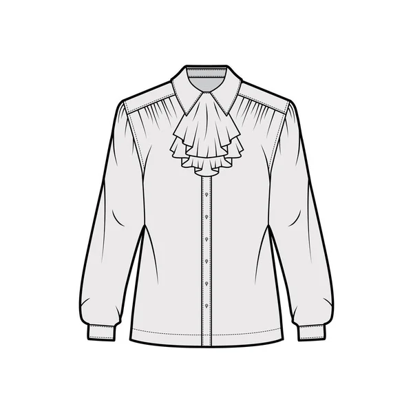 Ilustracja moda techniczna koszuli Jabot z długimi rękawami z mankietem, falbanka wzdłuż klasycznego kołnierza, przerośnięte — Wektor stockowy