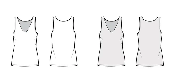 Bavlněný dres tank technické módní ilustrace s relaxační fit, ponoření V-výstřih, bez rukávů. Ploché prádlo camisole — Stockový vektor