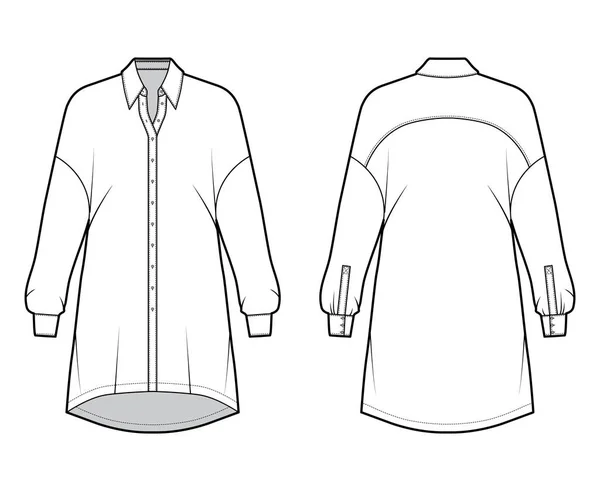 超大号衬衫技术时尚图解与基本衬衫领子，下垂的肩膀，长袖，超大尺寸. — 图库矢量图片