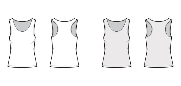 Racer-back bomull-jersey tank teknisk mode illustration med relax passform, bred scoop halsringning. Platta kläder cami — Stock vektor