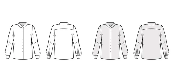 Klassieke shirt technische mode illustratie met basic kraag met standaard, lange mouwen met manchet, achterkant rond juk. — Stockvector
