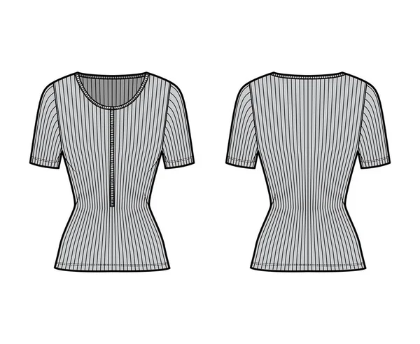Żebrowany bawełniany-jersey top ilustracja moda techniczna z krótkimi rękawami, smukłe dopasowanie, scoop henley dekolt. Koszula płaska — Wektor stockowy