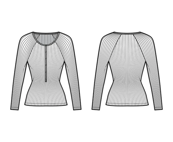 Ilustração de moda técnica superior de algodão-jersey com mangas raglan longas, ajuste fino, decote de henley de colher — Vetor de Stock