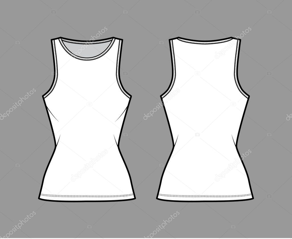 Cotton-jersey tank technical fashion illustration with slim fit, elongated hem, crew neckline. Flat basic apparel