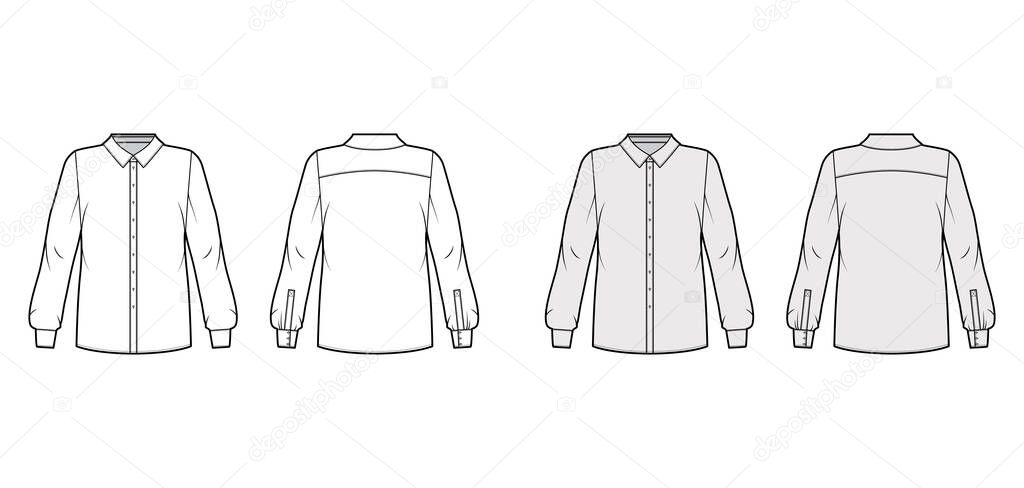 Classic shirt technical fashion illustration with basic collar with stand, long sleeves with cuff, back round yoke. 