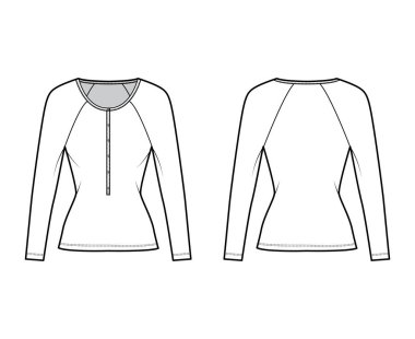 Uzun paçavra kollu, dar kesim, kepçe yakalı, pamuk formalı, teknik bir illüstrasyon. Düz giysi.