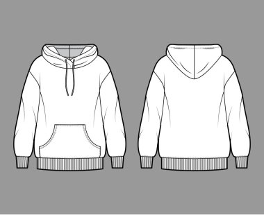 Büyük boy pamuklu kapüşonlu, cebi açık, rahat, uzun kollu teknik moda illüstrasyonu. Düz atlayıcı