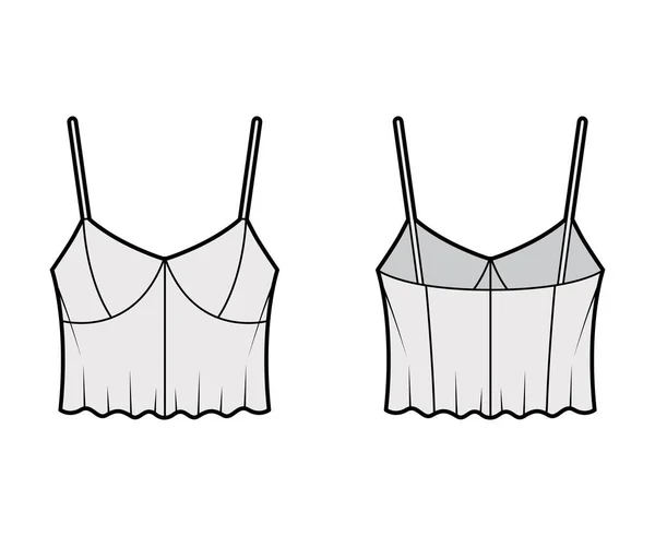 Ilustración de moda técnica superior recortada con cuello corazón, correas, dobladillo de bengala, longitud de la cintura. Tanque de ropa plana — Vector de stock